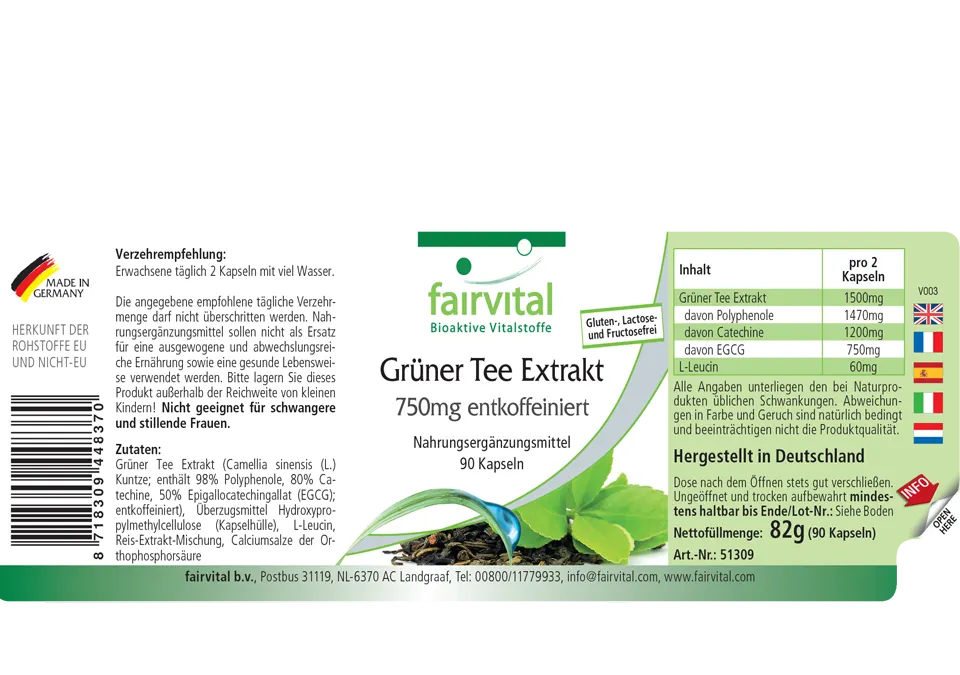 Extracto de Té Verde 750mg Descafeinado - 90 Cápsulas