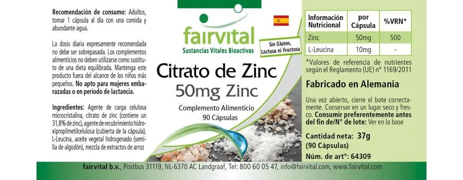 Citrate de zinc avec 50mg de zinc - 90 gélules