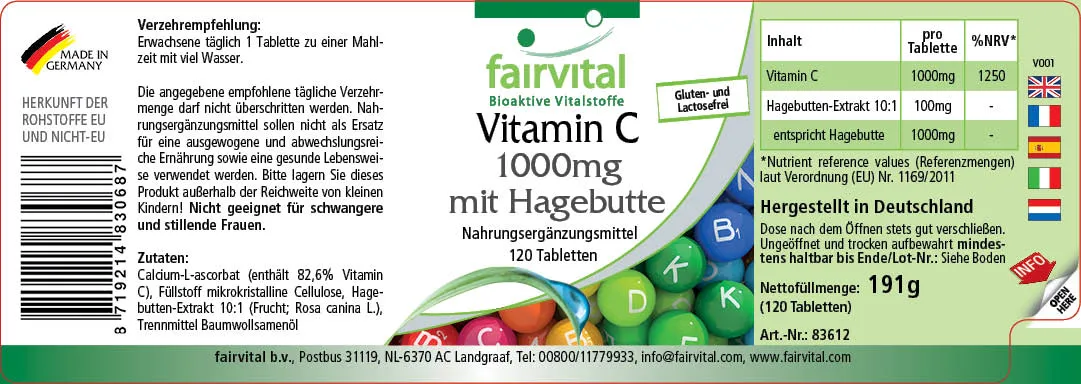 Vitamin C 1000mg mit Hagebutte - 120 Tabletten