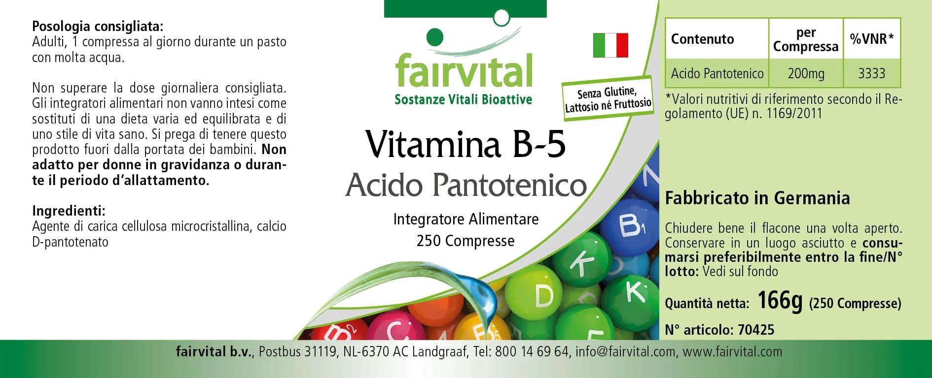 Vitamina B-5 ácido pantoténico 200mg - 250 comprimidos