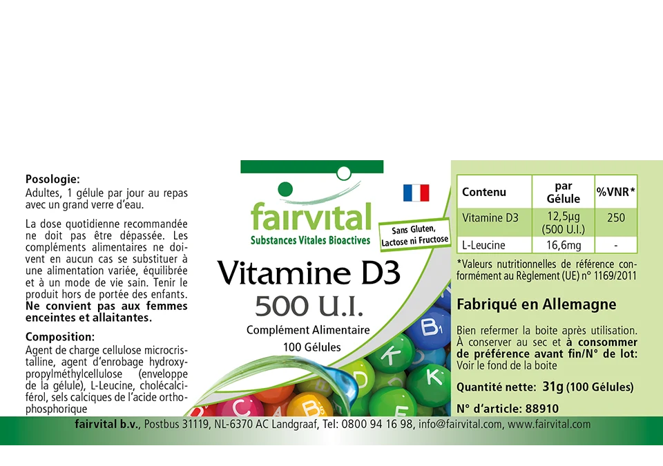 Vitamin D3 500 I.U. - 100 Capsules