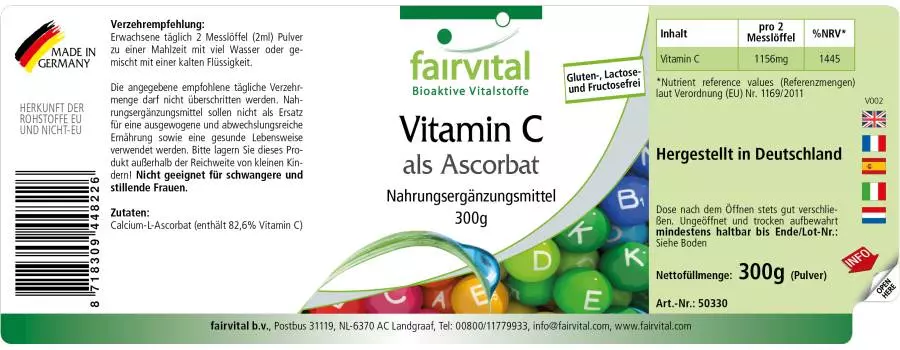 Vitamine C sous forme d'ascorbate - 300g de poudre