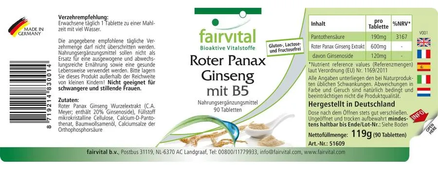 Red Panax Ginseng with B5 - 90 Tablets