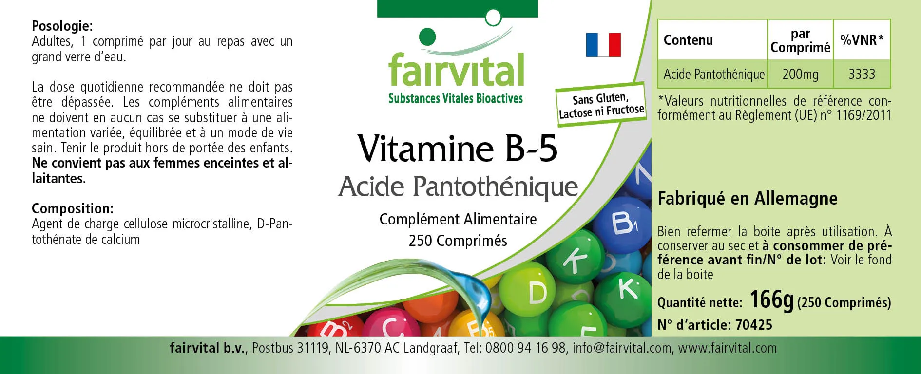 Vitamine B5 acide pantothénique - 250 comprimés