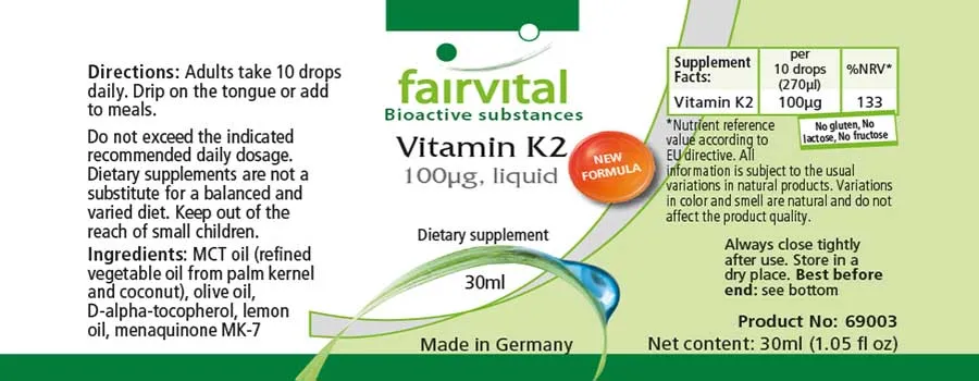 Vitamine K2 sous forme liquide 100µg par 10 gouttes - 30ml