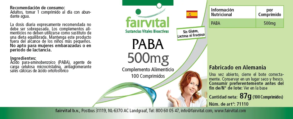 PABA 500mg - Vitamina B-10 - 100 Comprimidos