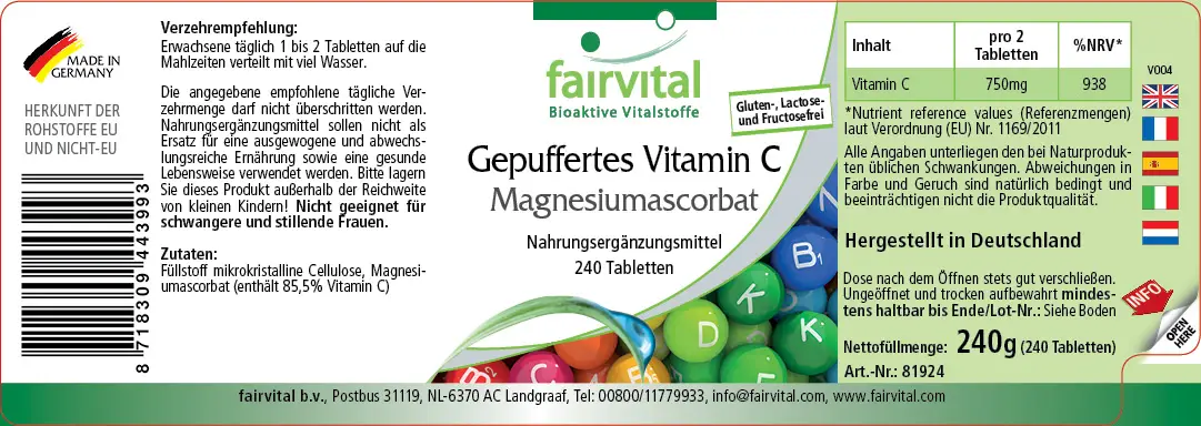 Vitamine C tamponnée - Ascorbate de magnésium - 240 comprimés