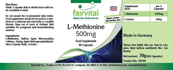 L-Methionine 500mg - 90 Capsules