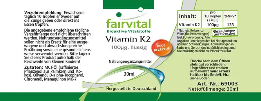 Vitamine K2 sous forme liquide 100µg par 10 gouttes - 30ml