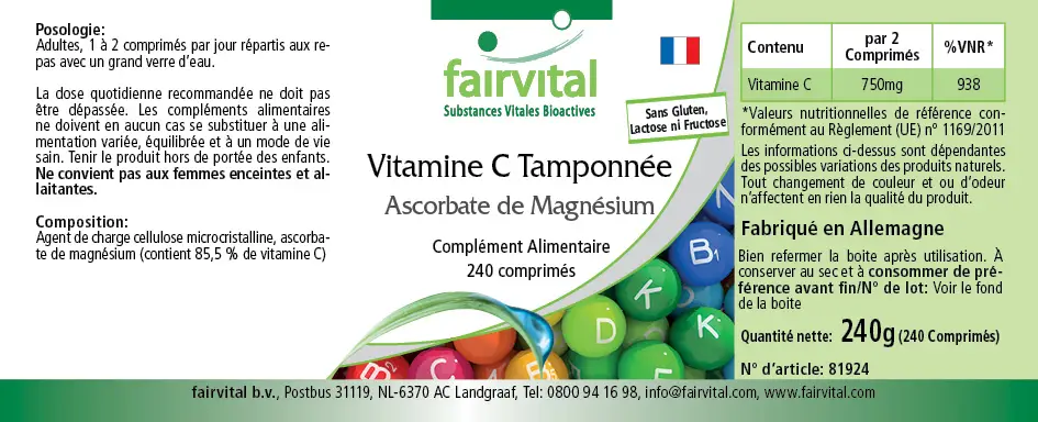 Vitamina C prensada Ascorbato de Magnesio - 240 comprimidos