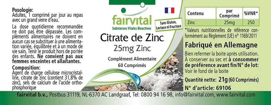 Zinc Citrate with 25mg Zinc - 60 Tablets