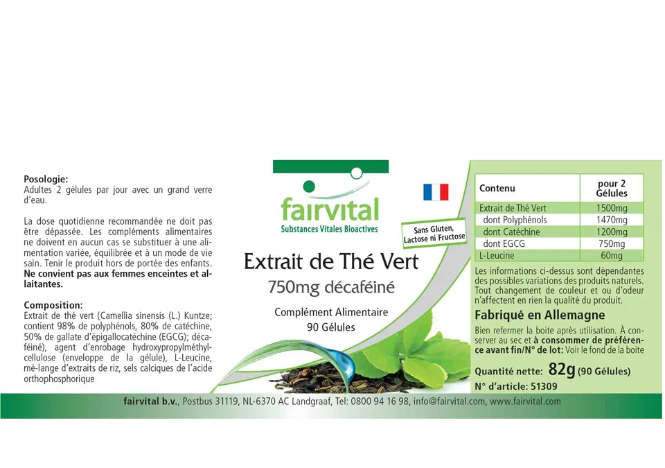 Extracto de Té Verde 750mg Descafeinado - 90 Cápsulas