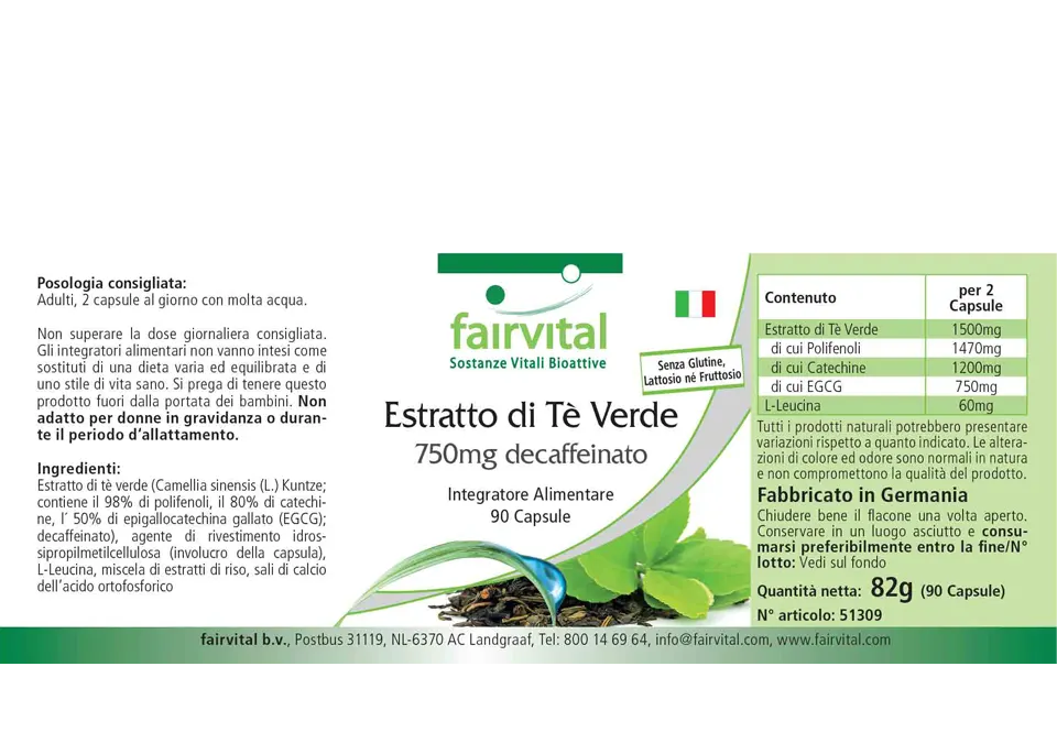 Estratto di tè verde 750 mg decaffeinato - 90 capsule