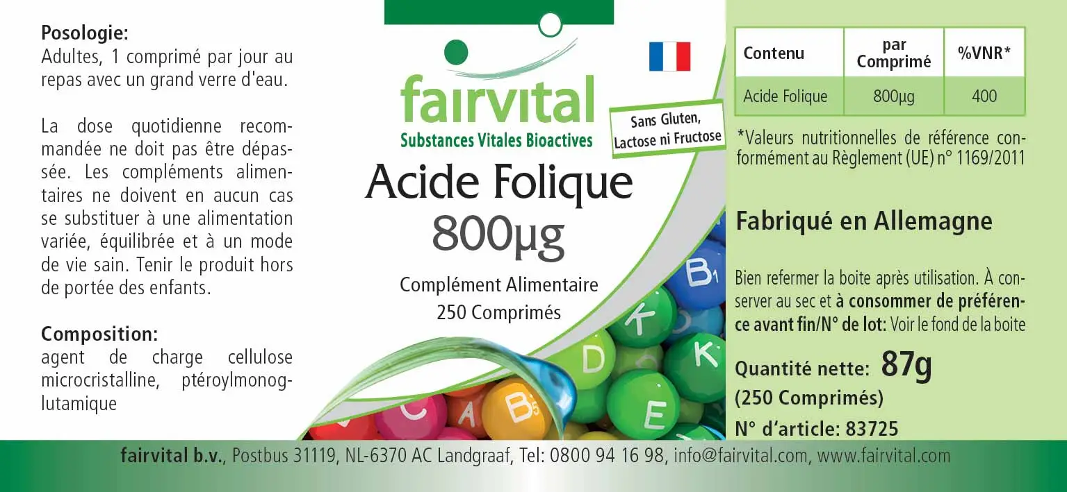 Acide folique 800µg - 250 comprimés