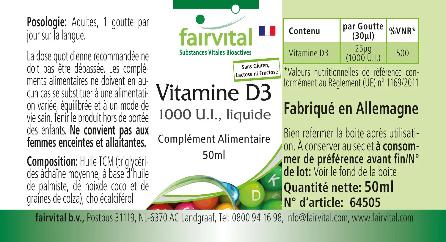 Vitamine D3 liquide - 1000 U.I. par goutte - 50ml