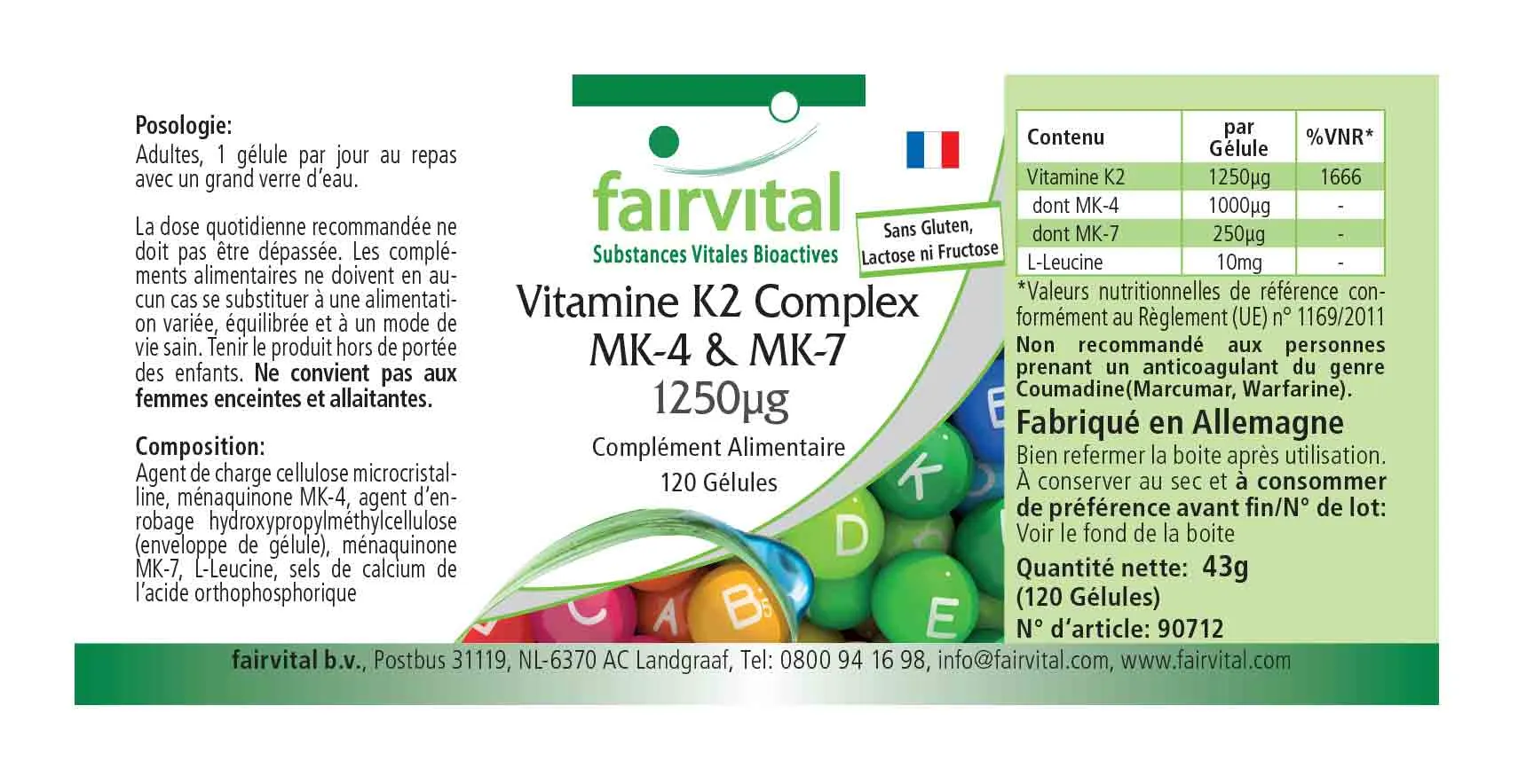 Vitamine K2 complexe MK-4 & MK-7 1250µg - 120 gélules