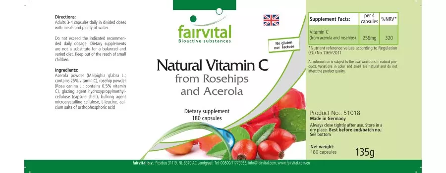 Natural Vitamin C from Acerola - 180 Capsules