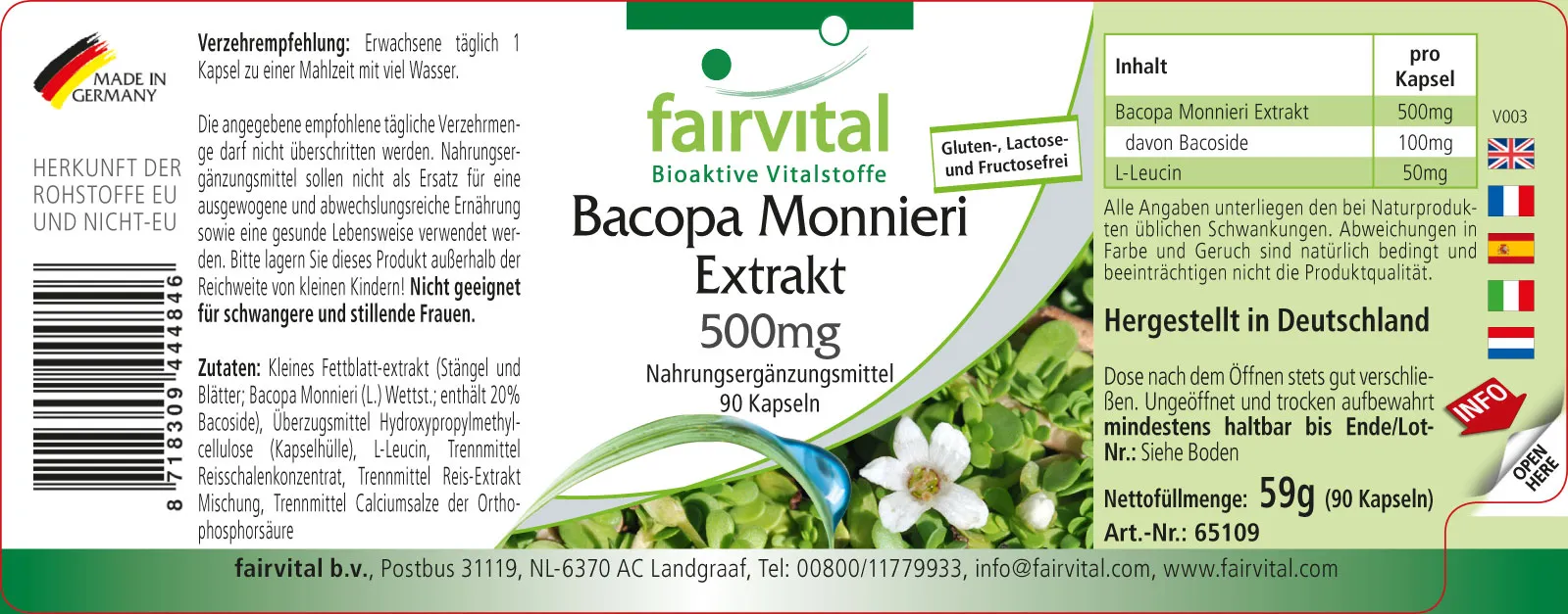 Extracto de Bacopa Monnieri 500mg - 90 Cápsulas