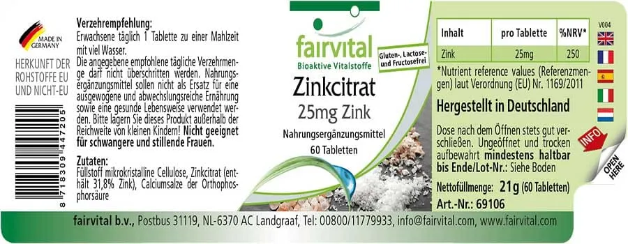 Citrate de zinc avec 25mg de Zinc - 60 comprimés