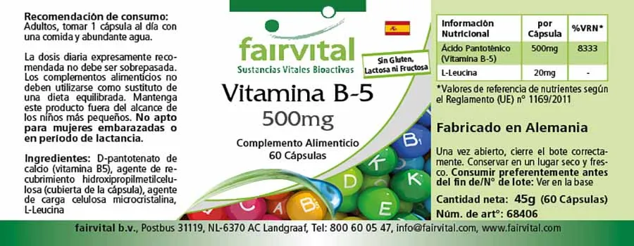 Vitamin B5 500mg - 60 Capsules