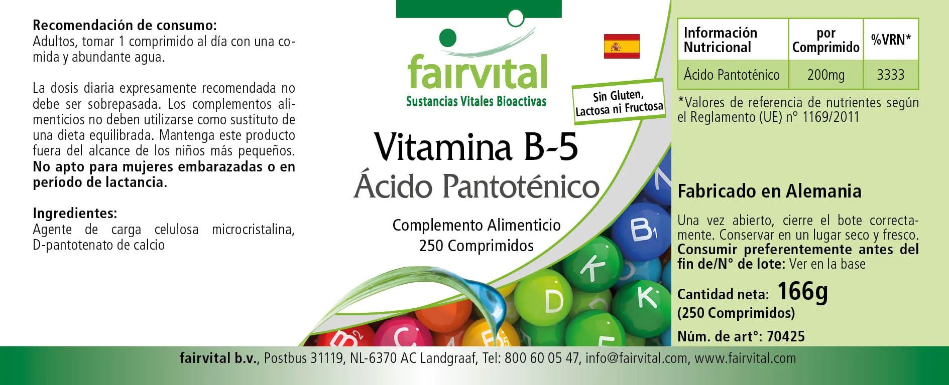 Vitamina B-5 ácido pantoténico 200mg - 250 comprimidos