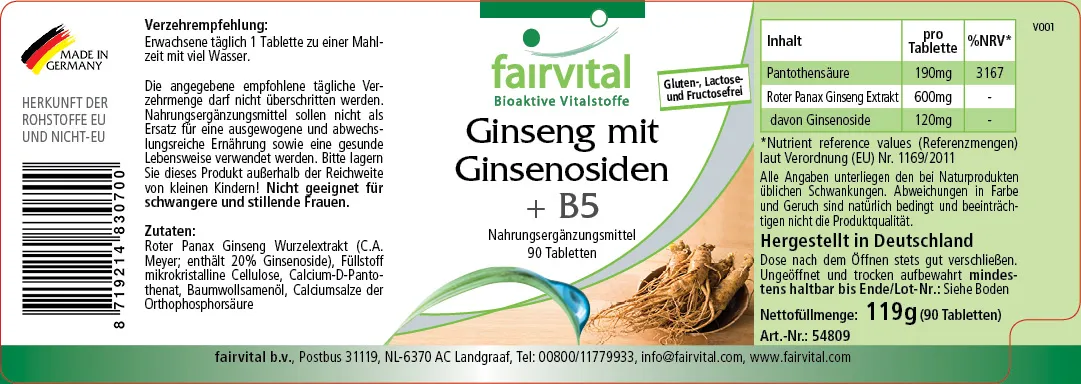 Ginseng mit Ginsenosiden + Vitamin B5 - Sale - MHD -4/25