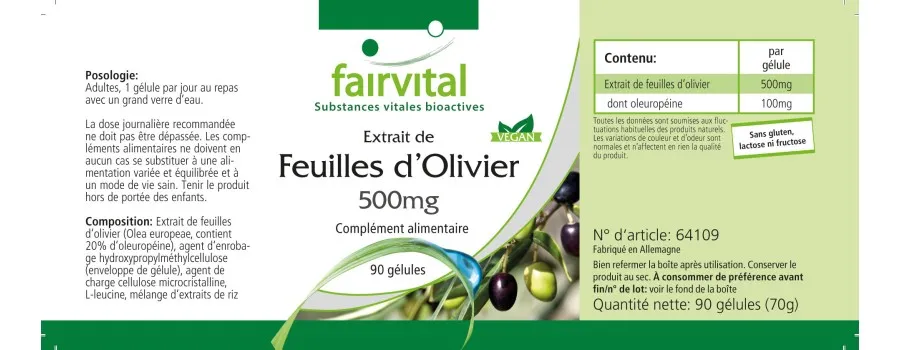 Extrait de feuilles d'olivier 500mg - 90 gélules