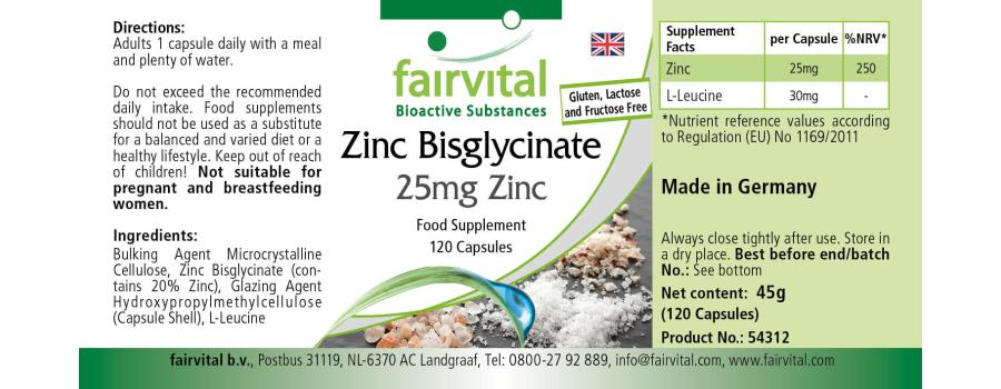 Bisglicinato de zinc con 25mg de zinc - 120 cápsulas