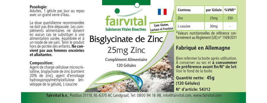 Bisglicinato de zinc con 25mg de zinc - 120 cápsulas