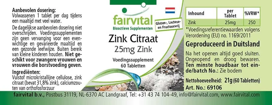 Citrato de Zinc con 25mg de Zinc - 60 Comprimidos