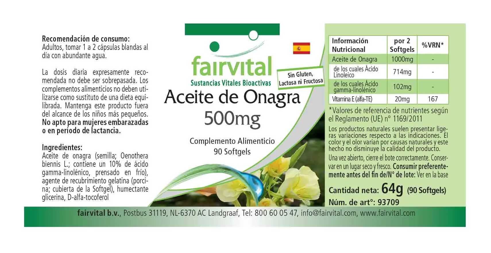 Aceite de onagra 500mg - 90 cápsulas blandas