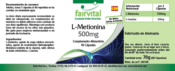 L-Methionine 500mg - 90 Capsules