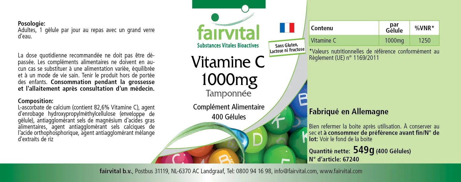 Vitamine C 1000mg en forme tamponnée – 400 gélules