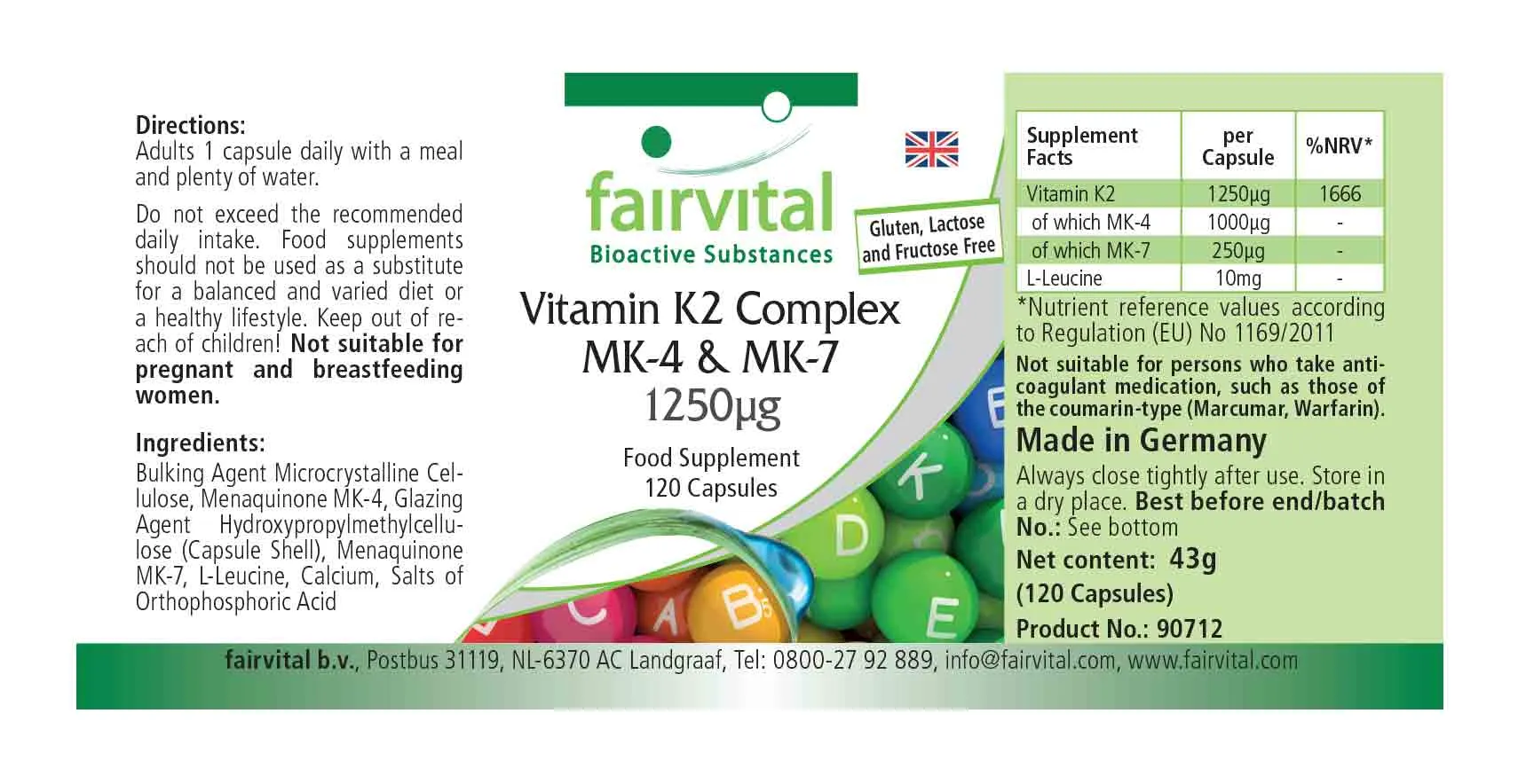 Complejo de Vitamina K2 MK-4 & MK-7 1250Î¼g - 120 Cápsulas