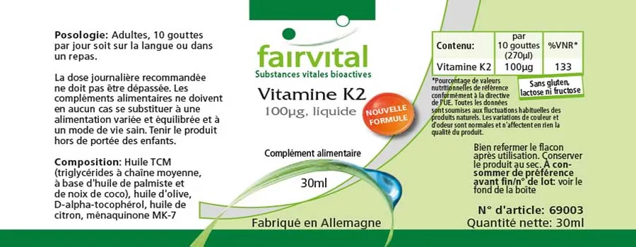 Vitamine K2 sous forme liquide 100µg par 10 gouttes - 30ml