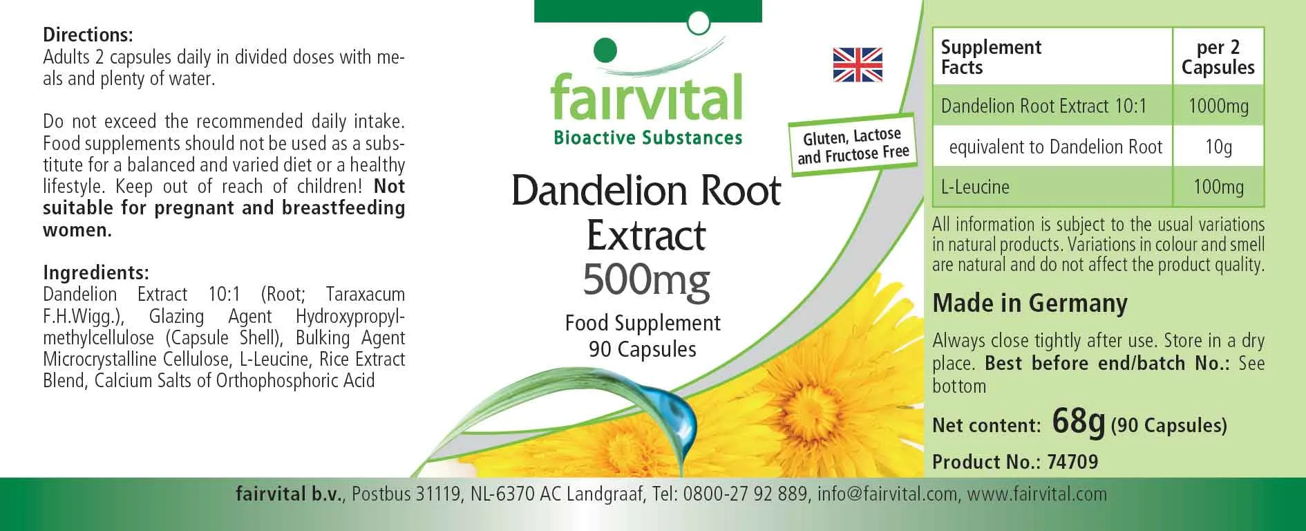 Dandelion Root Extract 500mg - 90 Capsules